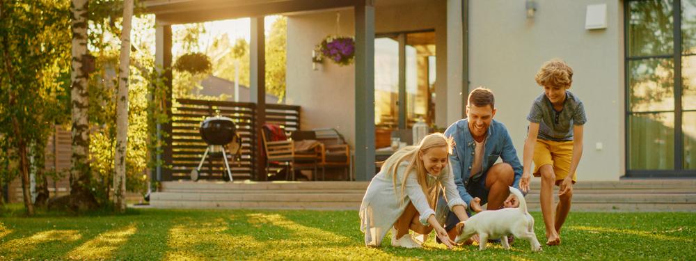 Gezin speelt met een kleine hond in de tuin van hun huis